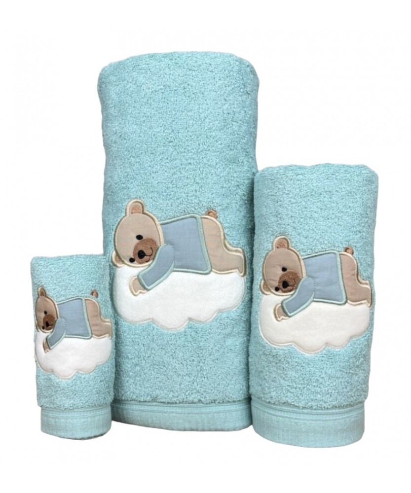 Juego de Baño Oso Nube Verde Agua 100% Algodón | Laura Home