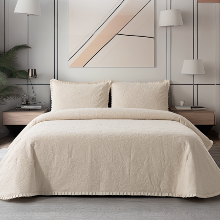 Edredão Damasco Bege 100% Algodão Textura Floral| Laura Home